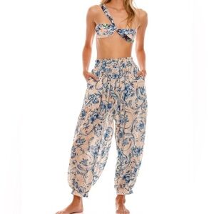 AGUA BENDITA Elora Cardumen High Waisted Pants Sz L Floral Blue Multi Bohemian